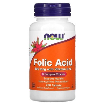 Фолиевая Кислота В9 800 мкг Folic Acid 250 таблеток Now Foods 13246 фото